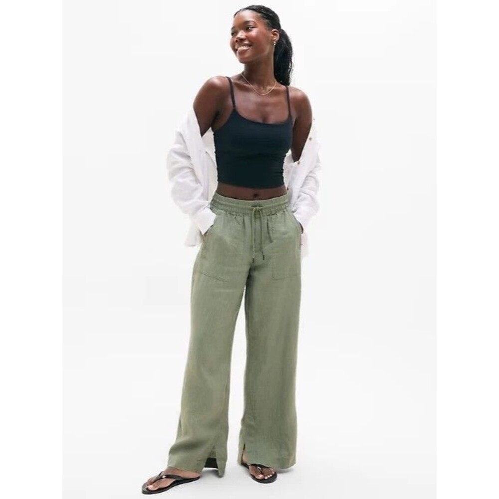 Athleta Retreat Linen High Rise Wide Leg Pants Women’s green Pockets Size S